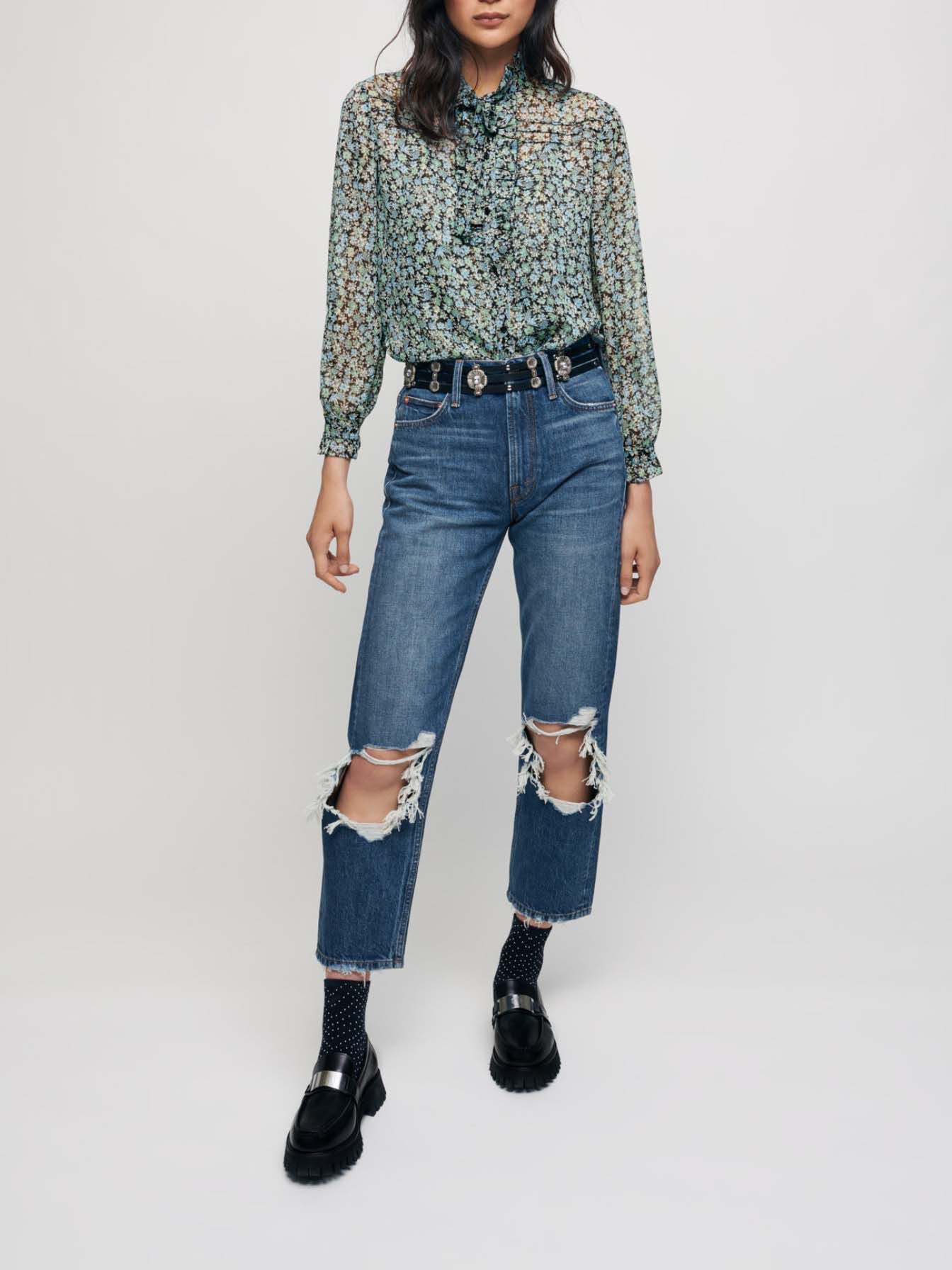 Jeans met hoge taille en verwassen look - Blauw
