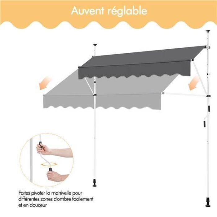 Yaheetech - Auvent Rétractable Manuel Store Banne Gris - 250 x 120 cm - Réglable en Hauteur et Inclinaison - Balcon Terrasse Jardin