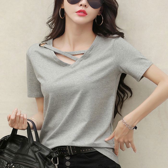 Tshirt Femme,Tee Shirt Femme col en V à Manches Courtes été,Casual T-shirt Femme Chic et Élégant au Design Unique-Gris