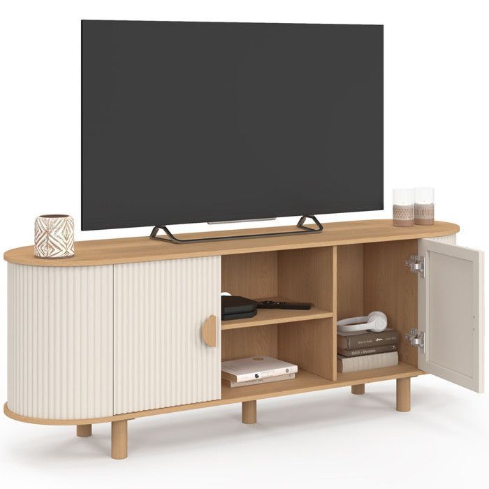 Mobile porta TV IDMARKET KANEL da 140 cm con 2 ante, finitura beige scanalata e legno.