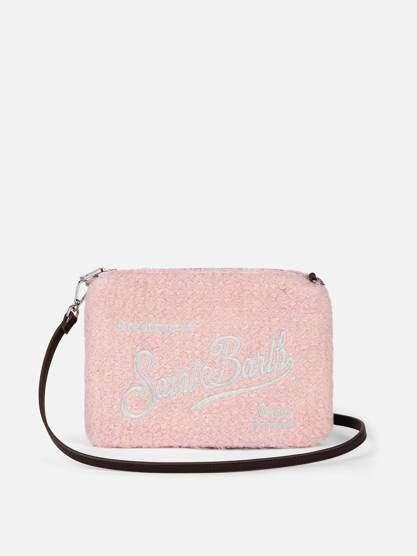 Pouch a tracolla Parisienne in maglia bouclé rosa