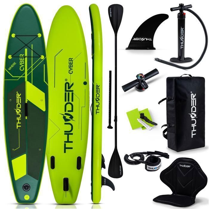 Tabla de paddle surf hinchable THUNDER® para travesías | Accesorios completos | 320 cm | PVC | Estilo CYBER | Verde