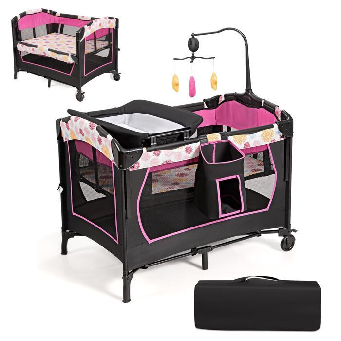 DREAMADE 3-in-1 Foldable Baby Travel Cot with Changing Table & Height-Adjustable Mattress, with Toys, Storage Basket