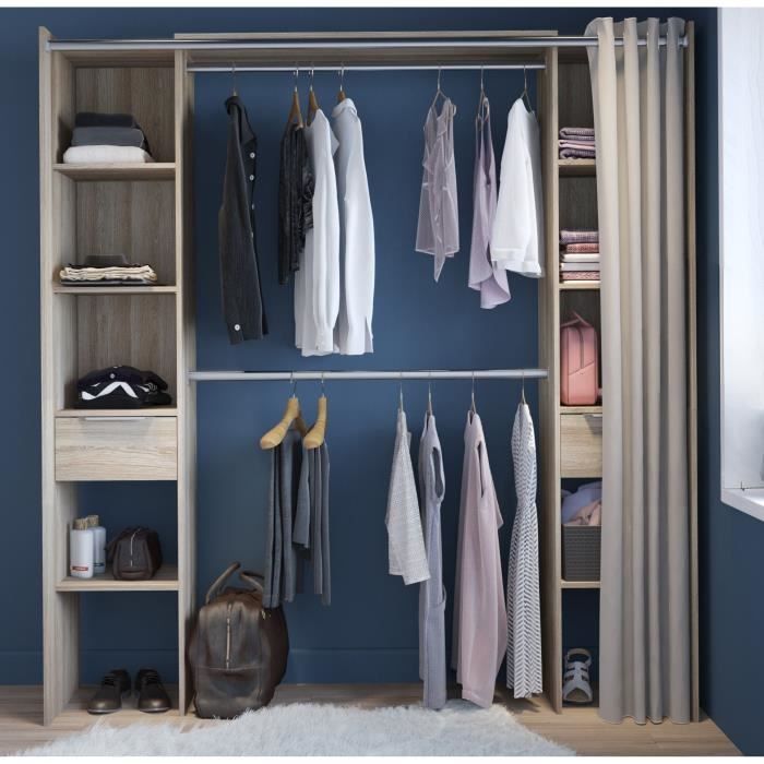 Armario doble extensible - Acabado en roble + cortina - DANA - Ancho 115/190 x Profundidad 50 x Alto 203 cm - DEMEYERE