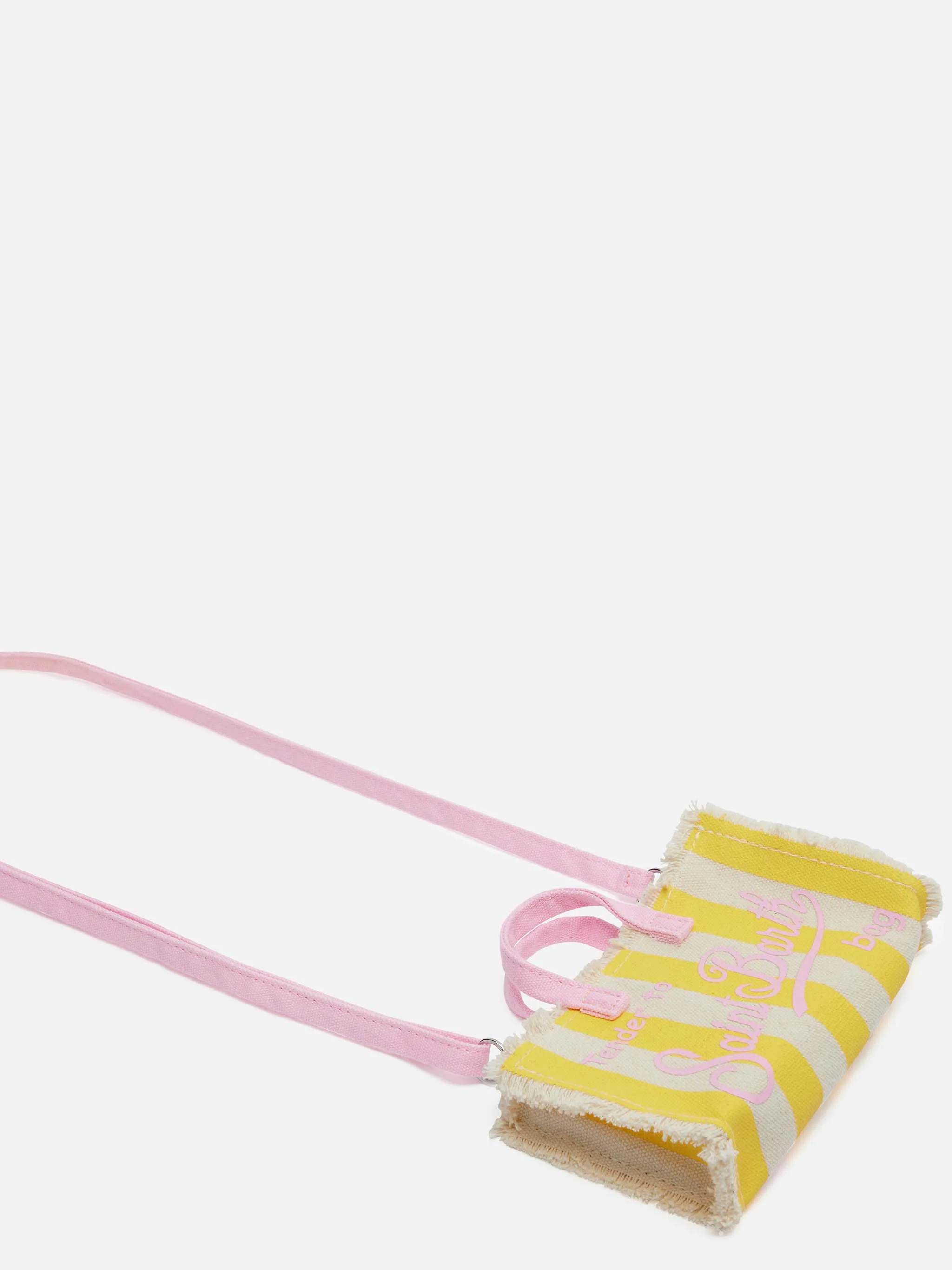 Bolsa para celular em lona de algodão com estampa listrada amarela.