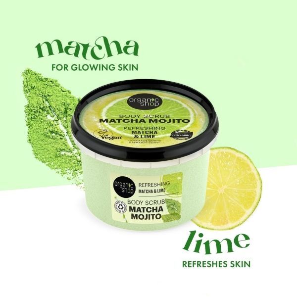 Organic Shop Matcha Mojito kūno šveitiklis su matcha ir laimu, 250 ml