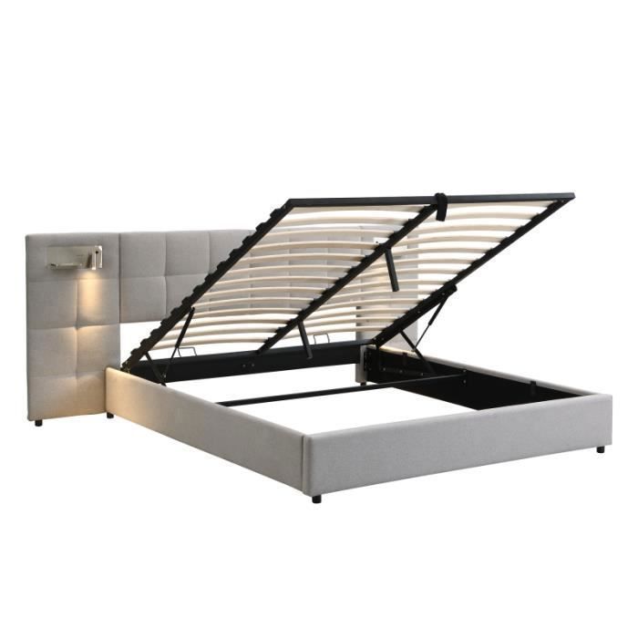 Cama doble - LANGTU - Cama tapizada - 180x200 cm - Puerto USB y carga inalámbrica - Almacenamiento hidráulico
