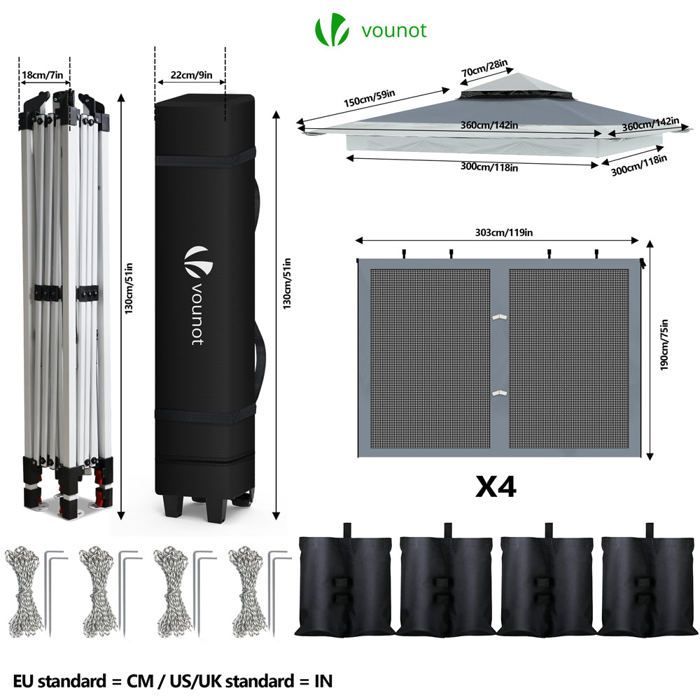 Cenador de jardín exterior VOUNOT® de 3,6 x 3,6 m, plegable con mosquitera, color gris.