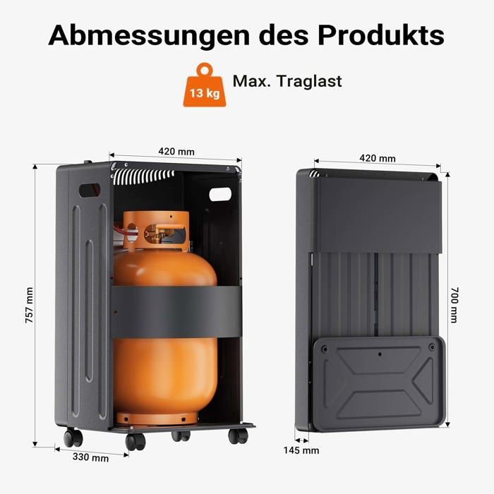 Calefactor de gas infrarrojo Wiltec, negro, 7,5 kg, 3 niveles de potencia (1,4 kW-4,2 kW), plegable, 420 x 450 x 757 mm, con encendido piezoeléctrico.