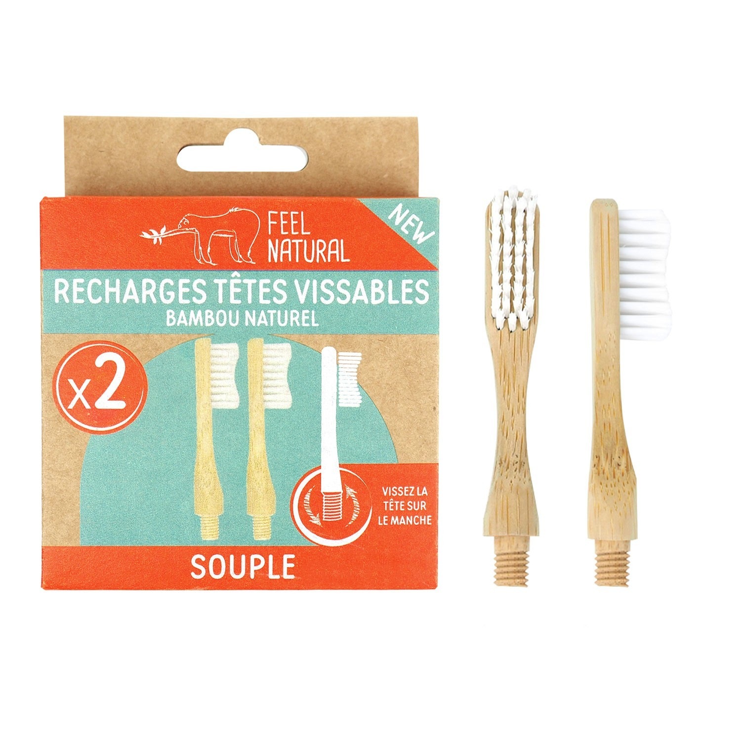 Feel Natural Lot de 2 recharges brosse à dents vissable en bambou - Souple