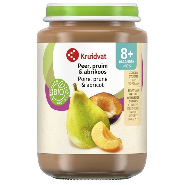 Kruidvat 8+M Bioloģiskais bumbieru, plūmju un aprikožu augļu našķis<br>190g