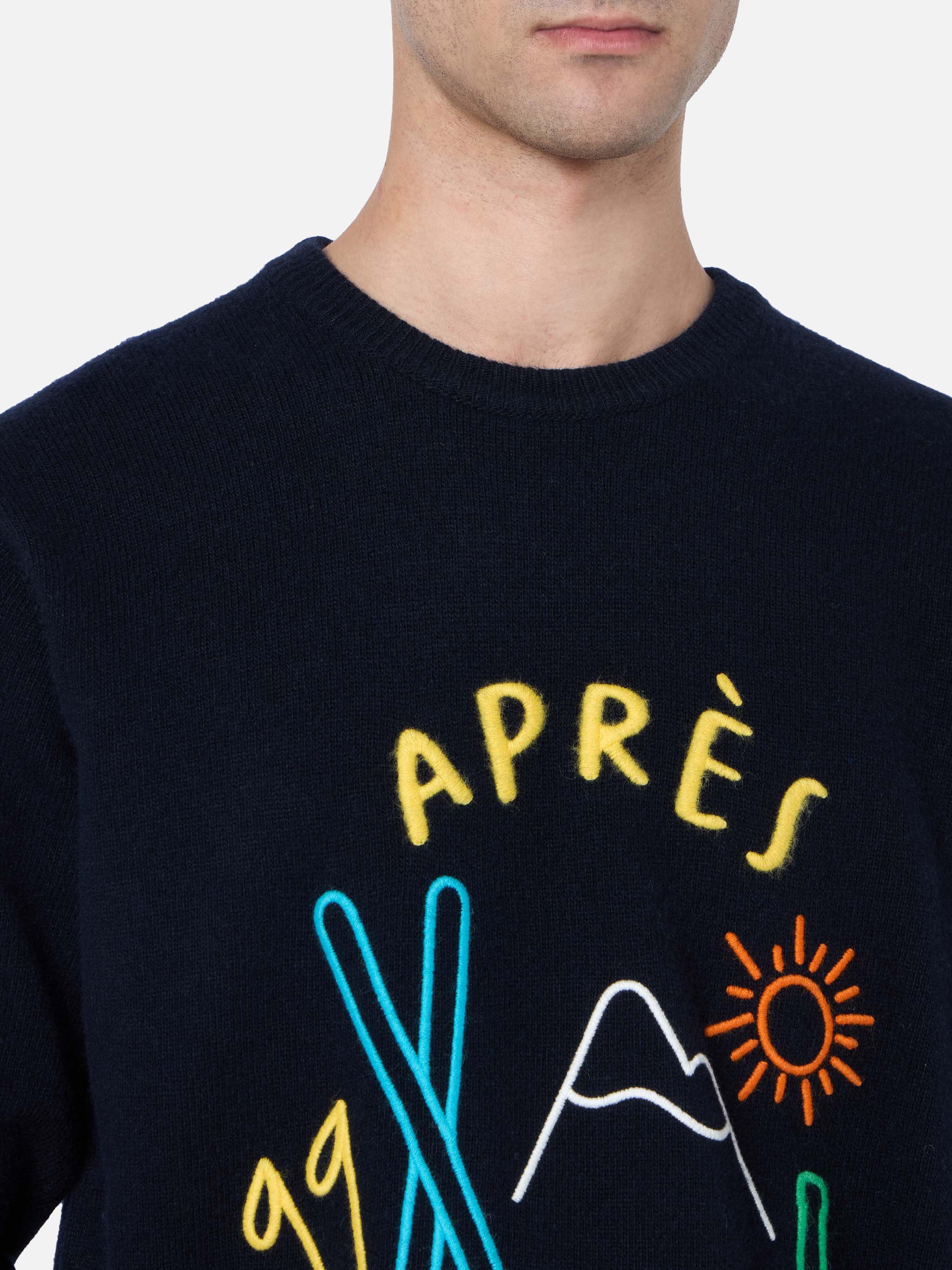 Man Blue Crew-Neck Sweater Heron | Apres Ski Embroidery | St Barth Logo Embroidery on Cuff | Regular Fit | High-Quality Materials | MC2 Saint Barth