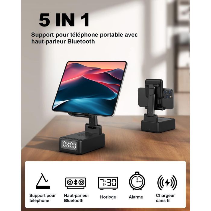 Bluetooth Speaker - 5 in 1 - Alarm Clock, Wireless Charger, Foldable Stand - 1500mA, 15W Charging - Birthday Gift Idea for Men