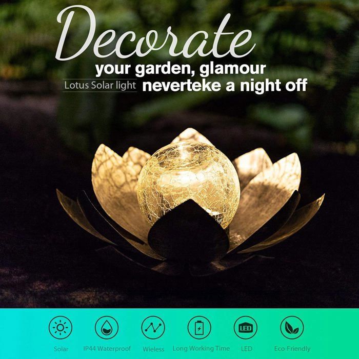 Outdoor solar garden lights, crackled glass lotus globe decoration, waterproof LED metal flower lights