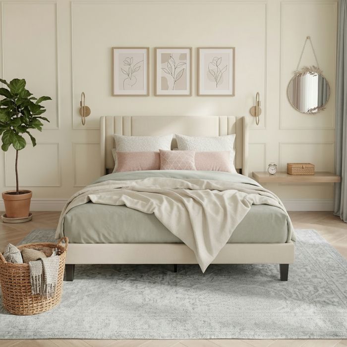 Lit 140x190 cm, NMONET, sommier à lattes, tissu en lin, cadre de lit double 140x190, lit adulte 140x190, beige