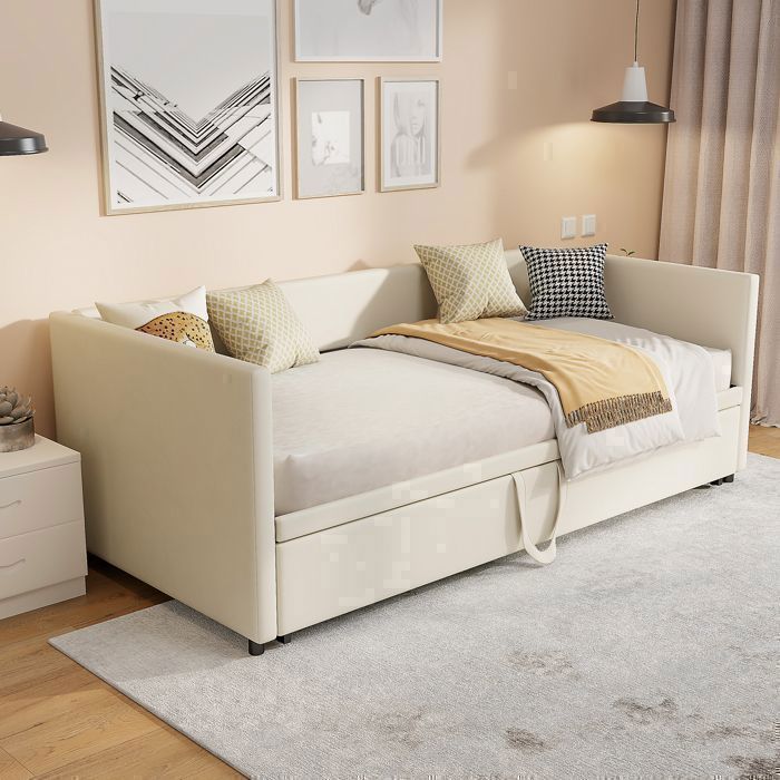 Uitschuifbare 2-zits slaapbank (90/180x200cm), beige fluweel, stevig FSC-gecertificeerd houten frame, ruimtebesparend, modern design