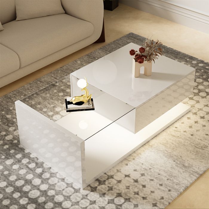 Living room coffee table with glass and LED lighting, living room furniture with 1 storage drawer, 105x55x32.5cm, glossy white