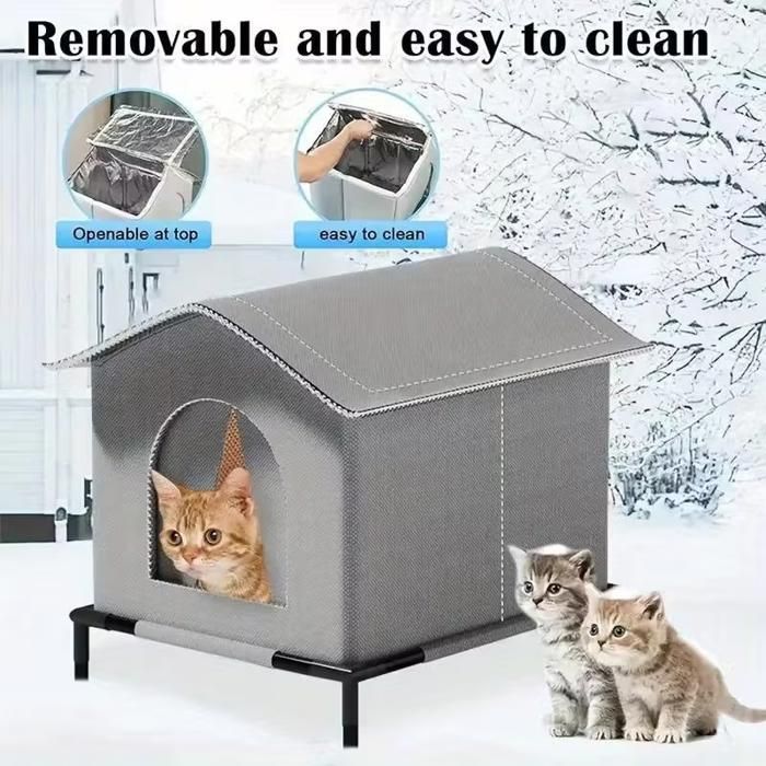 Kattenhuis voor buiten - Buitenverblijf met mat en verhoogde vloer, thermische isolatie voor huisdieren in de winter, grijs