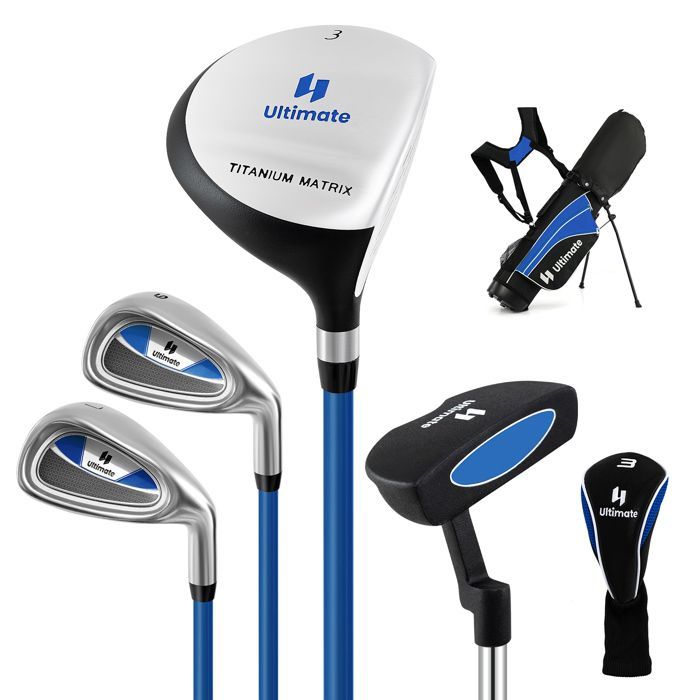 COSTWAY Kids Tripod Golf Bag 5-Piece Golf Club Set with Stand & Rain Cover, Ages 11-13, Blue