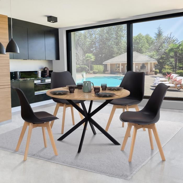 Fixed round dining table - IDMARKET - ALIX - Wood and black - 6 people - 110 cm