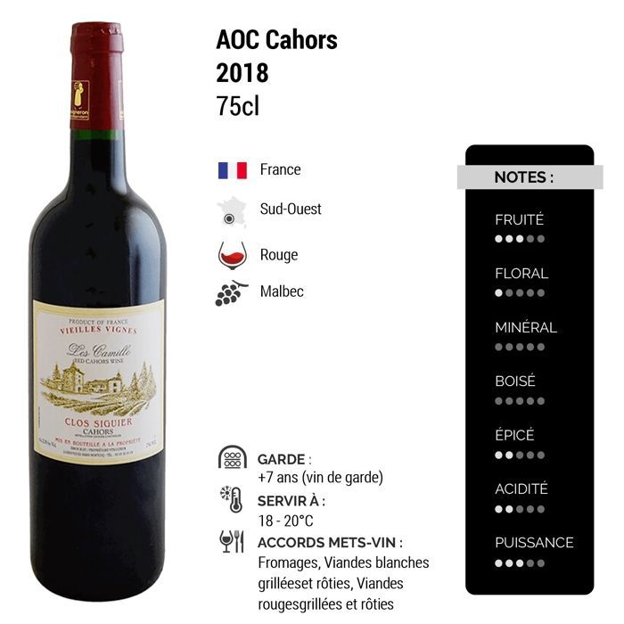 Clos Siguier Cahors Vieilles Vignes Les Camille 2018 - Vin Rouge du Sud-Ouest (3x75cl)
