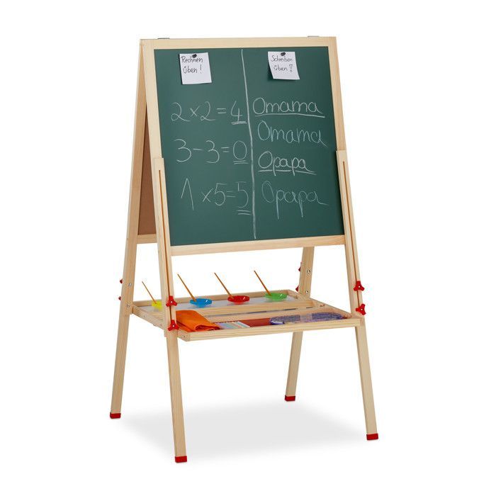 Relaxdays Tableau droit enfant; réglable en hauteur et magnétique, en bois, Blanc et à craie,122-160 x 65 x 69 cm,nature