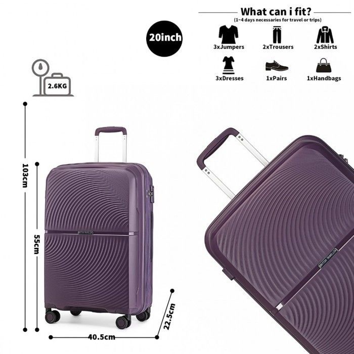 Brittiläinen Traveller Hard Shell -lentolaukku, 55x40x22cm, polypropeenia, neljällä pyörällä, TSA-lukolla ja säädettävällä kahvalla, violetti