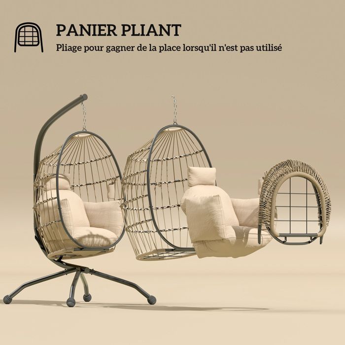 Silla colgante tipo huevo - Outsunny - interior y exterior - cesta plegable - cojín acolchado - estructura de acero - beige