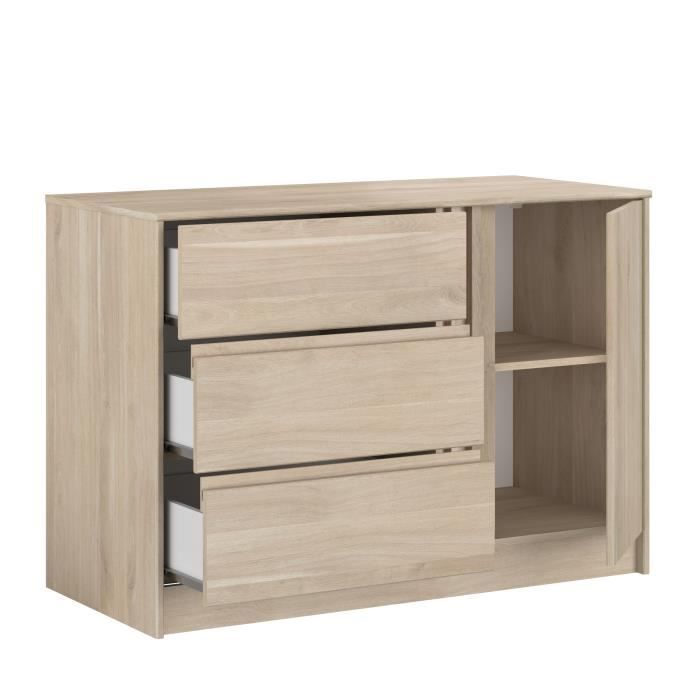 ESCALE Chest of Drawers - 3 Drawers - 1 Door - Oak Finish - W 109.8 x H 76.8 x D 50 cm