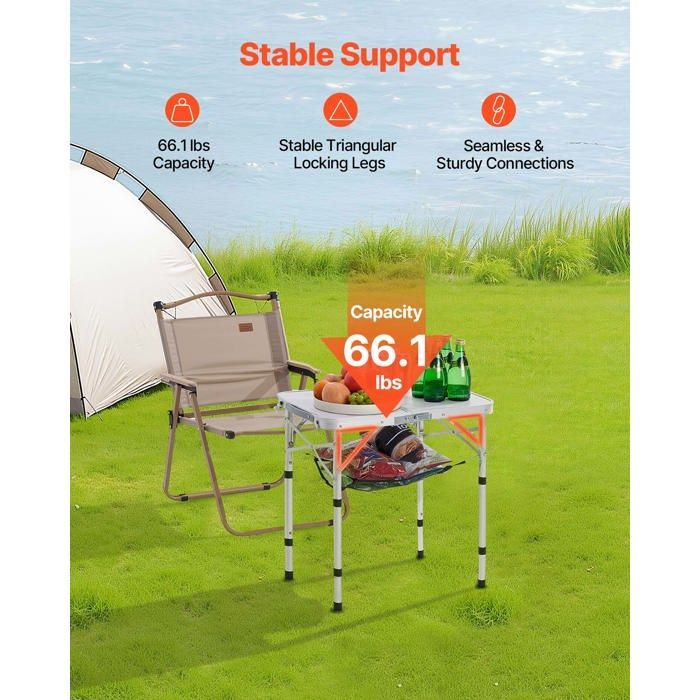 Mesa plegable de camping VEVOR 60x40 cm - Mesa auxiliar portátil - Tablero de malla y asa de transporte - Aluminio MDF - Plateada