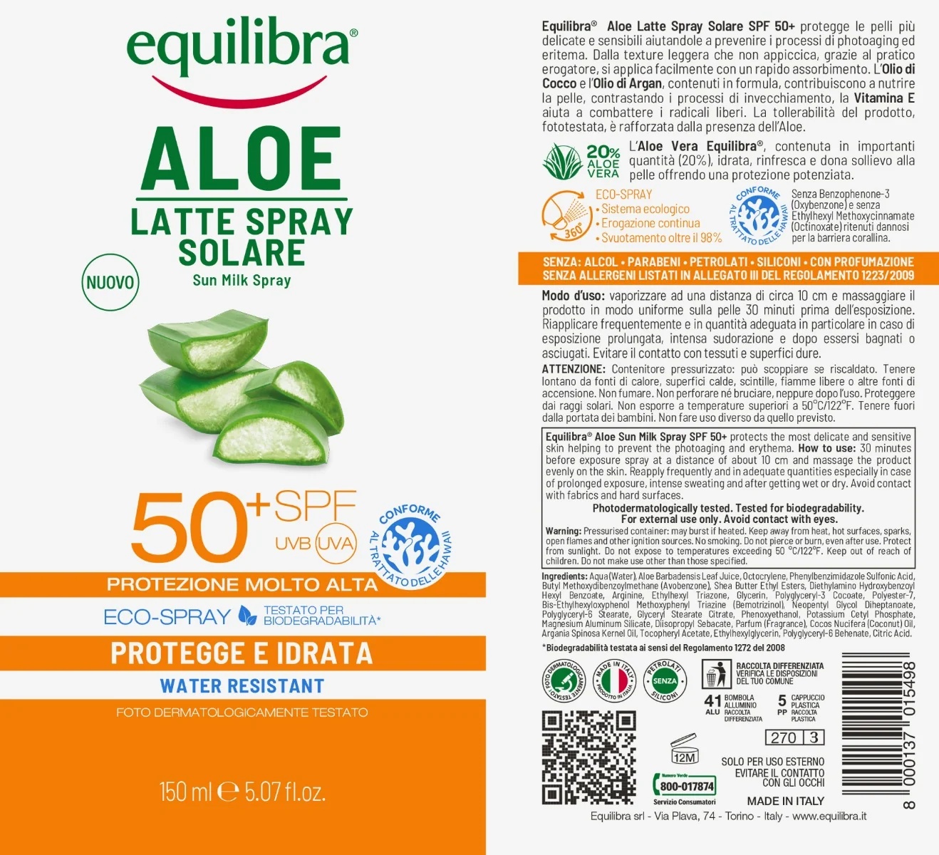EQUILIBRA Equilibra Aloe Milk Spray Sonnenschutzmittel 50+ 150 ml hoher Sonnenschutz