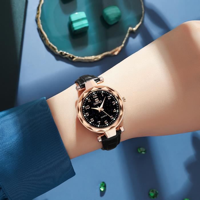 Reloj de cuarzo de moda para mujer SHARPHY con correa de cuero negro de alta calidad, resistente al agua, regalo elegante.