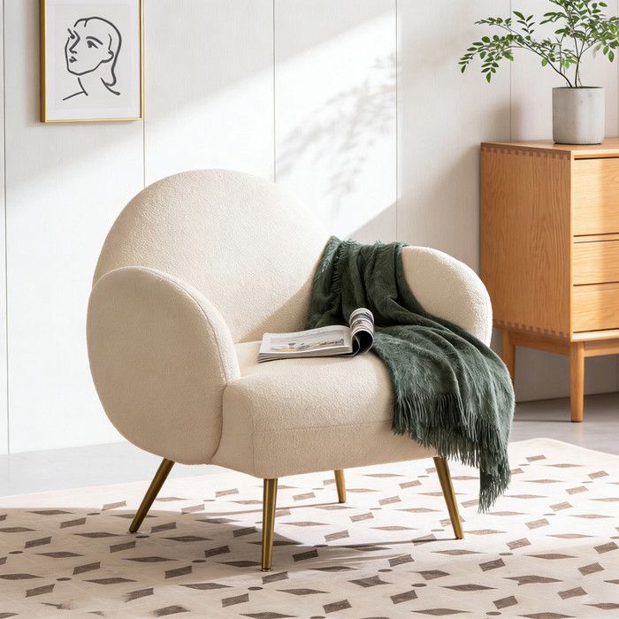 Poltrona relax DYHOME, divano singolo moderno, tessuto felpato effetto orsetto, gambe dorate, bianco