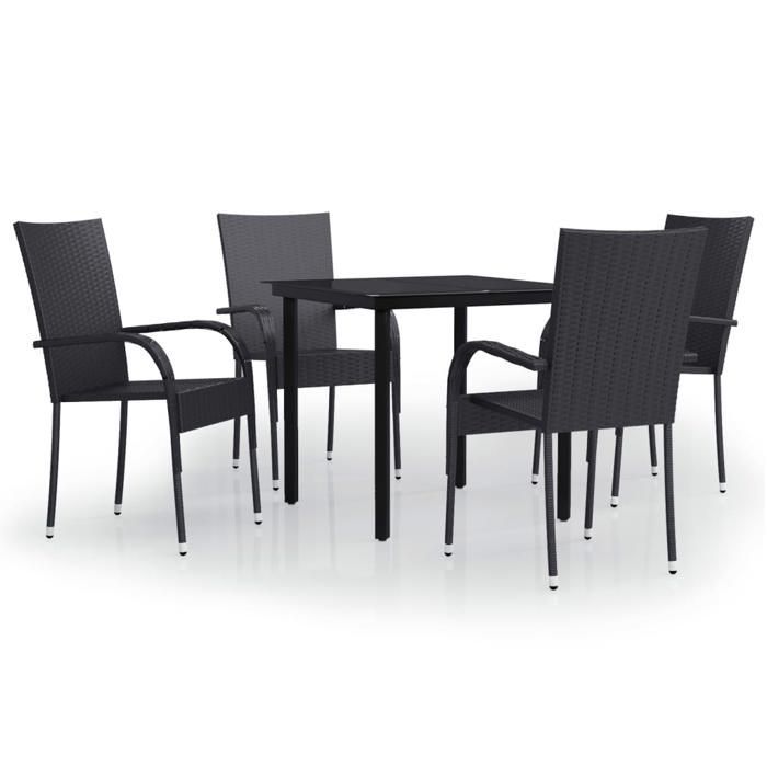 Ensemble à manger de jardin - BURKE - 5 pièces - Noir - Résine tressée - Acier enduit de poudre - Verre