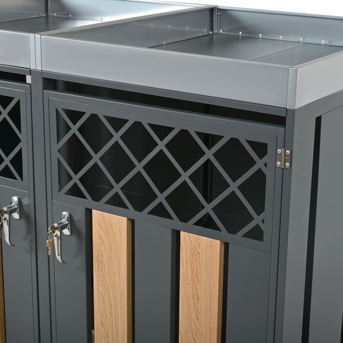 Cobertizo para contenedores HOMVRA, tapa de 2 compartimentos con jardinera integrada, puertas ventiladas en forma de diamante, acero, gris.