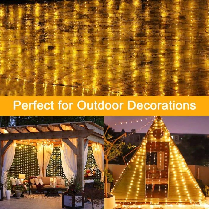Outdoor Solar Curtain Lights, 3m x 3m, 300 LED Solar Lights with Remote Control, 8 Modes, Solar Waterfall (Warm White)