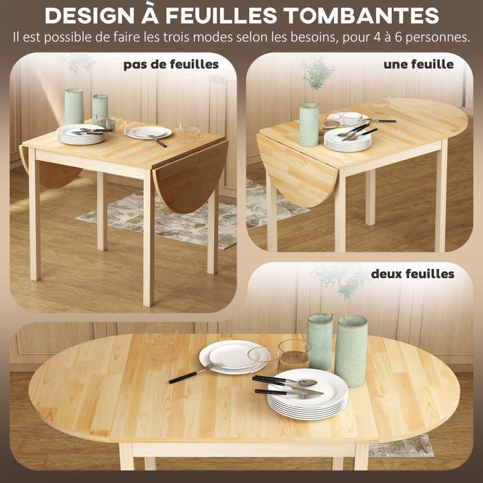 HOMCOM folding oval dining table in solid wood with 2 drop leaves, space-saving, 140L x 70W x 75H cm