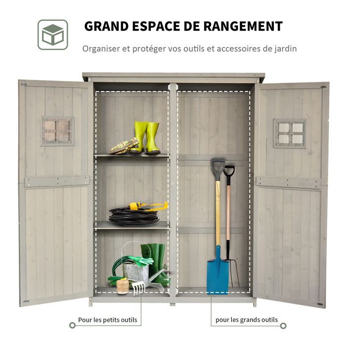 Abri de jardin - Outsunny - armoire outils bois 2 étagères 2 portes 2 fenêtres toit bitumé - bois sapin - 127,5x50x164cm