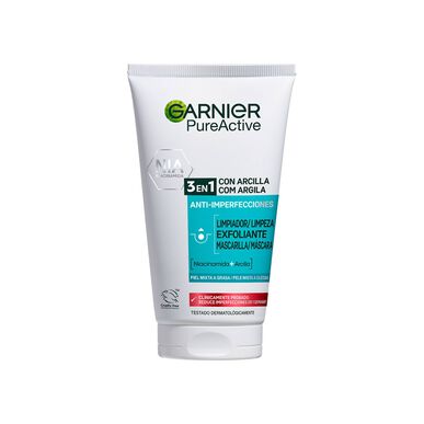 Garnier Pure Active 3 en 1 Mascarilla Exfoliante Gel Limpiador Facial Niacinamida 150 ml 150 ml