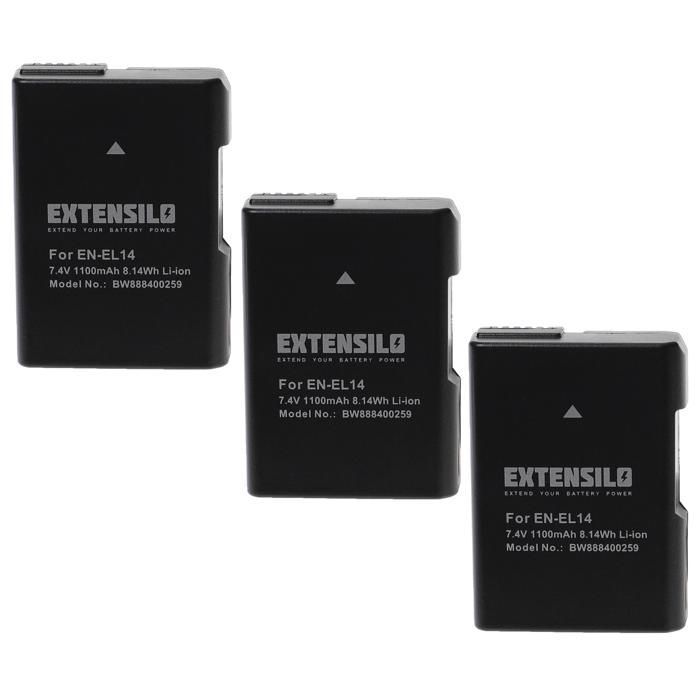 EXTENSILO 3x Batteries compatible avec Nikon DSLR D3100, D3200, D3300 appareil photo, reflex numérique (1100mAh, 7,4V, Li-ion) avec