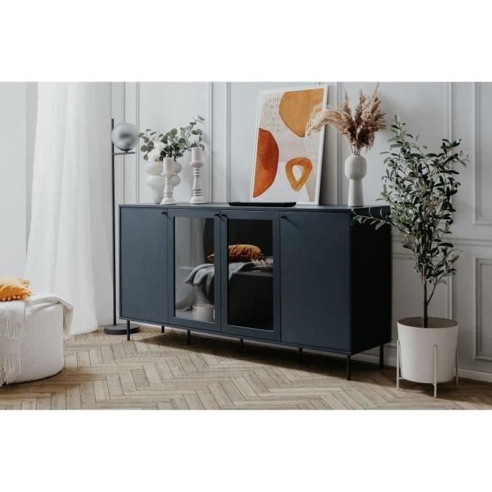Buffet bas - CARACAS - Décor bleu navy - 2 portes vitrées + 2 portes - L180 x H90 x P40 cm