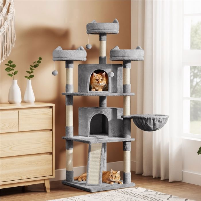 Árbol rascador para gatos YAHEETECH de 175 cm en madera de terciopelo gris con postes rascadores de sisal y 3 perchas.