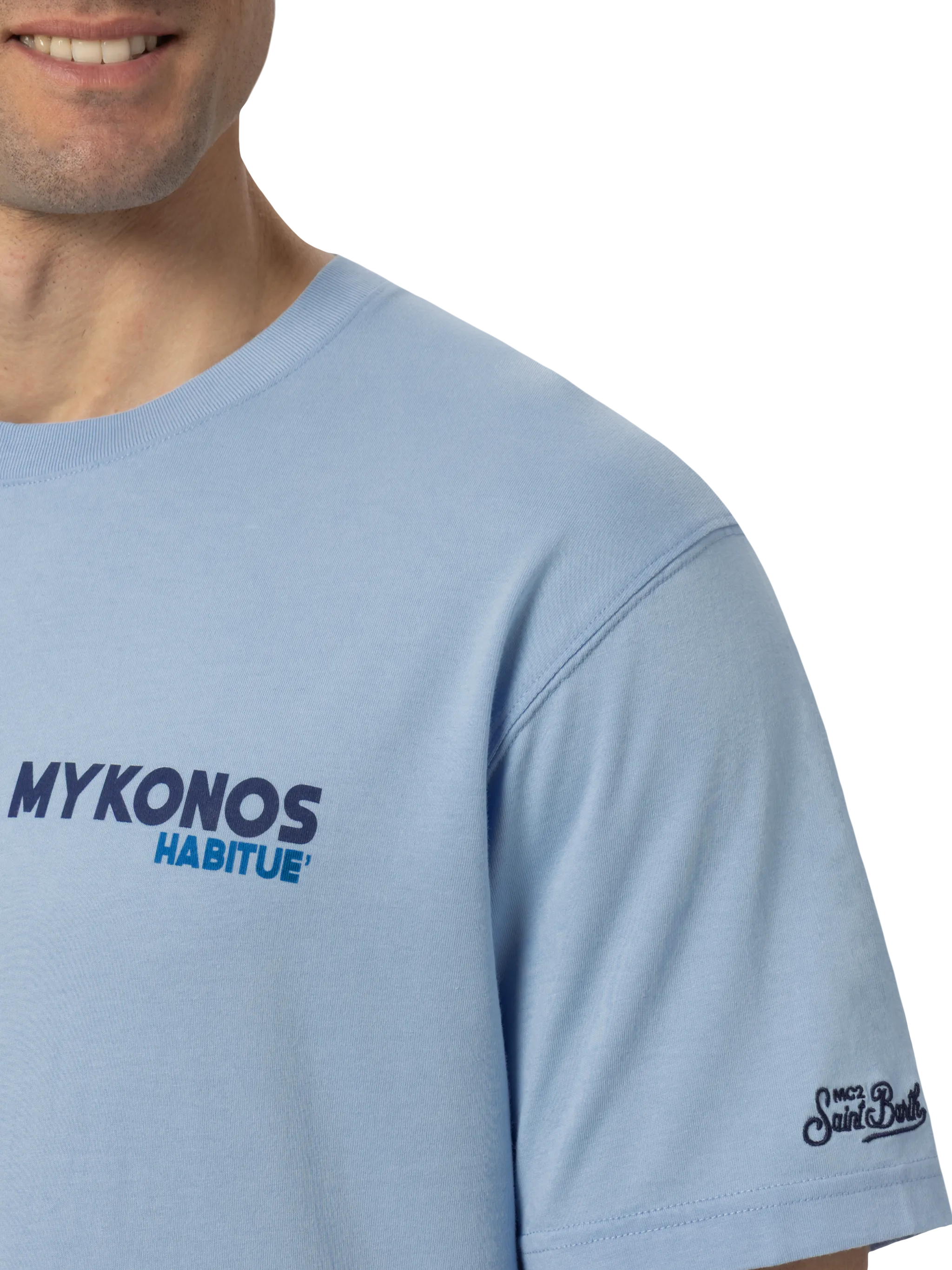 Camiseta de algodón para hombre con estampado de postal de Mykonos