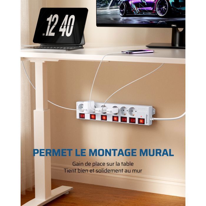 DEWENWILS Multiprise parafoudre 16A - 6 Prises avec 7 Interrupteurs - Câble 2M - Blanc - 3680W max.