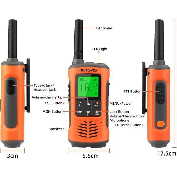 Walkie Talkie Retevis RT45P, resistente al agua IP67, PMR446, 16 canales, VOX, linterna LED, alarma SOS, CTCSS/DCS, para actividades al aire libre.