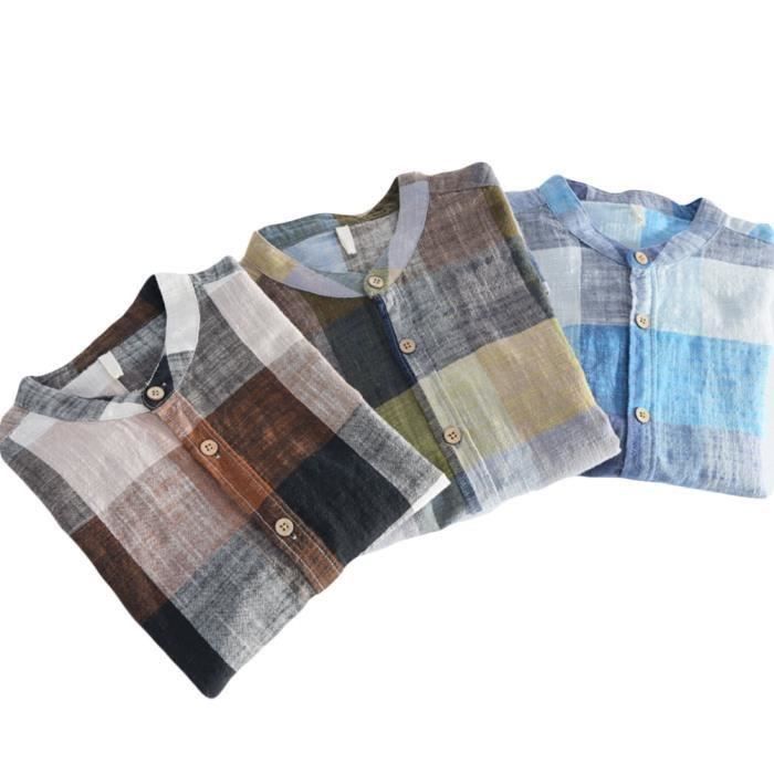 Camisa de lino natural de manga larga para hombre - FUNMOON - Estampado a cuadros - Cuello mandarín
