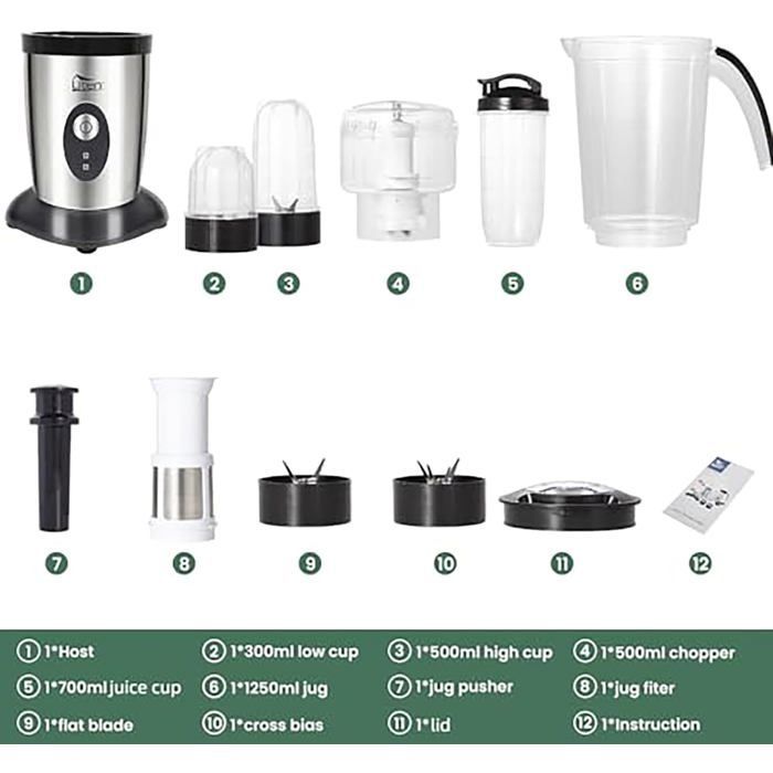 UTEN 1.25L Smoothie Blender, Multifunctional Blender with 2 Stainless Steel Blades for Fruit and Vegetable Juices