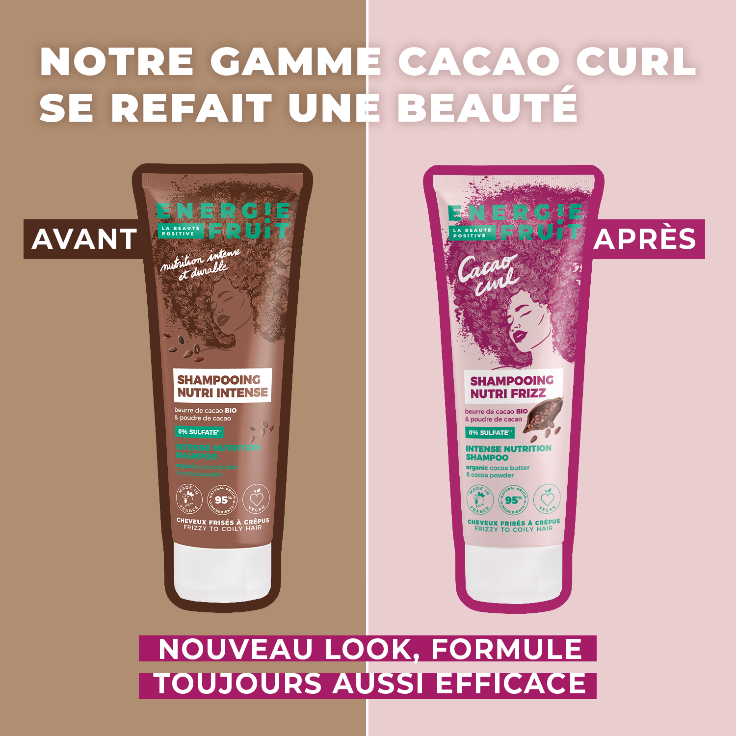 Energie Fruit shampooing nutri frizz sans sulfate - cheveux frises a crepus - beurre de cacao bio et poudre de cacao