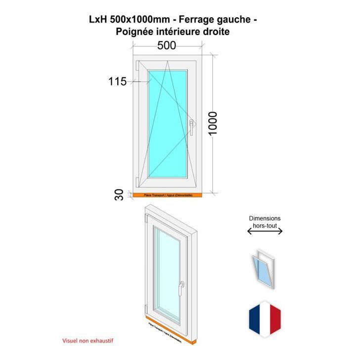 Fenêtre PVC - LxH 500x1000 mm -Triple Vitrage - Blanc -poignée à droite