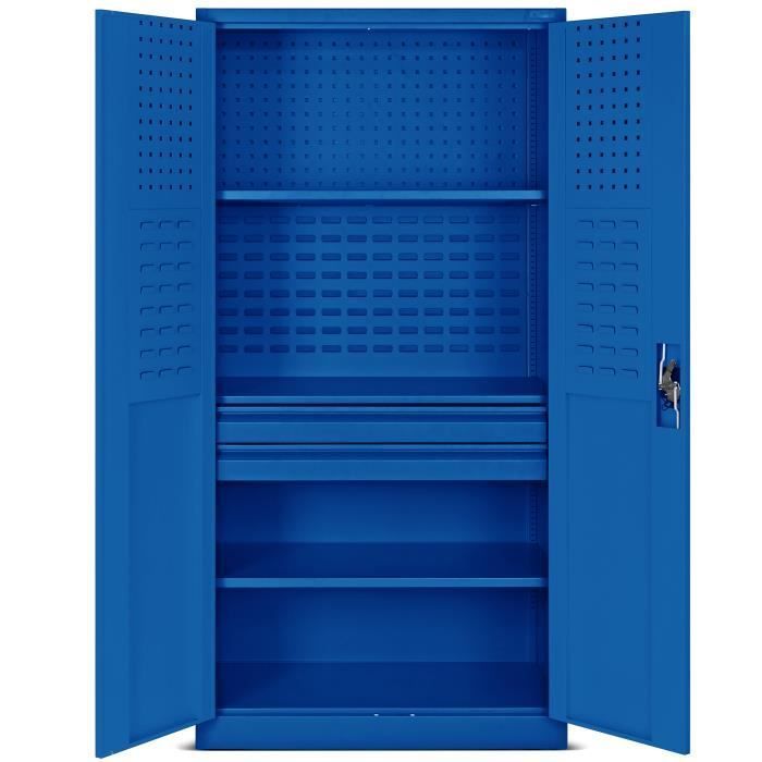 Armoire à Outils TC02AM Armoire Meuble d'atelier avec tiroirs Portes battantes 3 étagères 185 x 92 x 50 cm (Bleu)